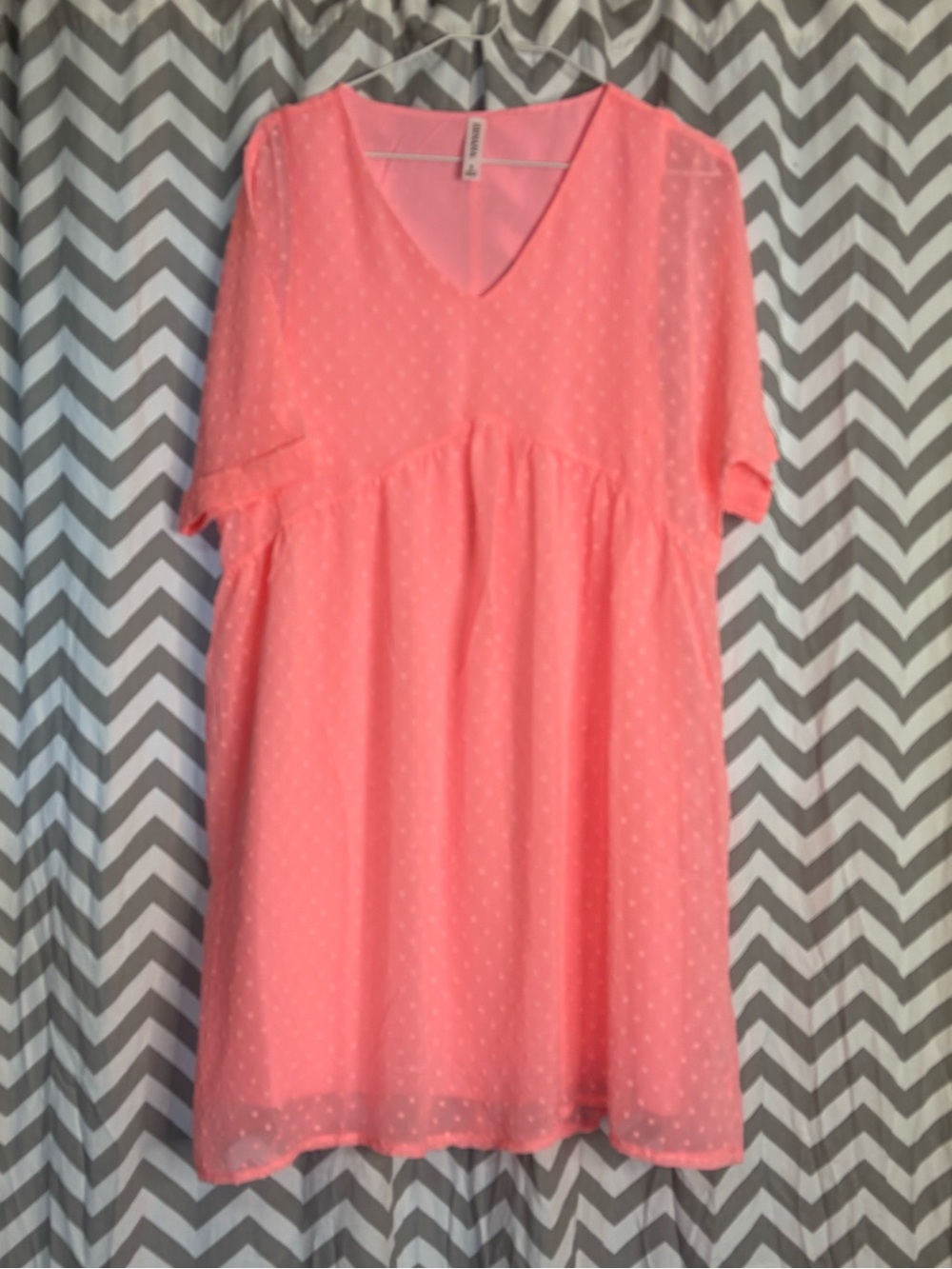 Pinkish- Coral Swiss Dot V‑Neck Babydoll Dress